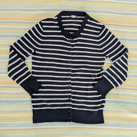 J. Crew Navy blue and white striped 3/4 sleeve cardigan Small - Picture 4 of 11
